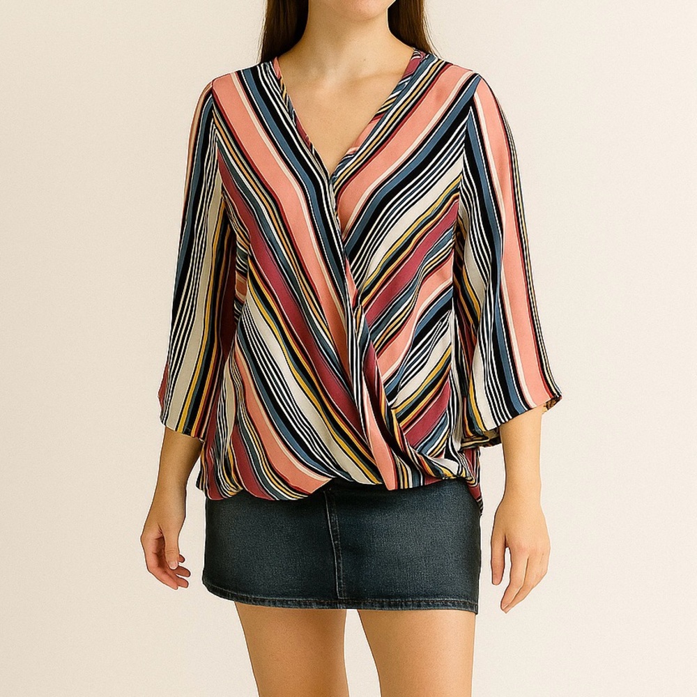 W5 Anthropologie Women’s Colorful Striped Boho Surplice Blouse Size Medium